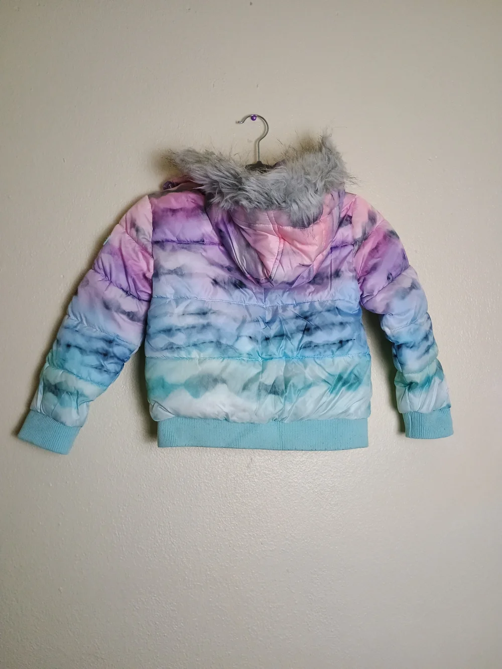 Justice XS | 5/6 Girl's Tie Dye Pastel  Matte Puffer Bomber Faux-Fur Hood Trim